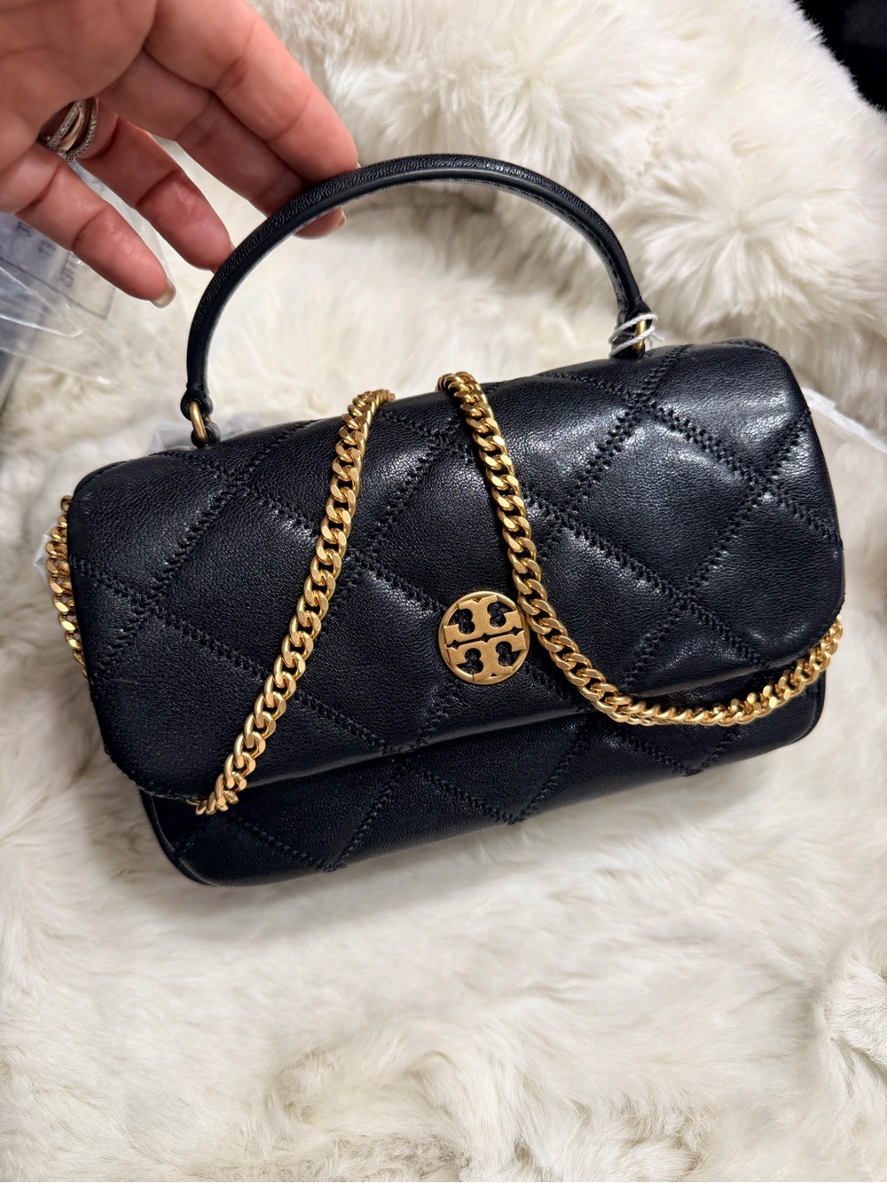 Tory Burch Black Quilted Mini Top-Handle with Gold Logo - Picture 3 of 4
